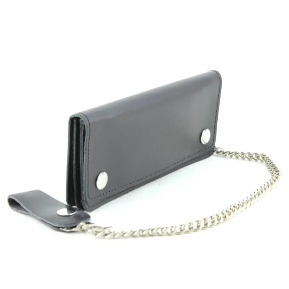 Men's Classic Genuine Premium Leather Snap Chain Trucker Biker Wallet Black NEW - Picture 2 of 9